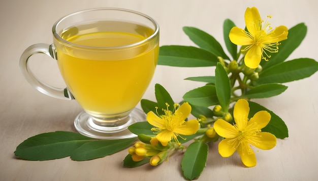 Photo boisson de remède de herbe de saint-jean en tasse transparente avec un bouquet de fleurs jaunes fraîches d'hypericum