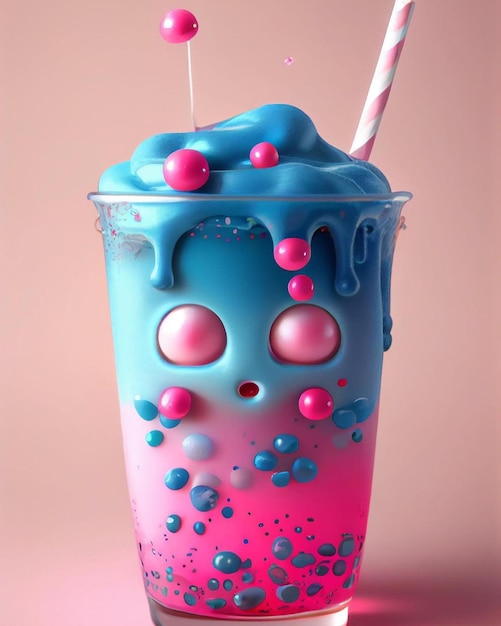 Une boisson rose et bleue avec une paille qui dit " milkshake " dessus.