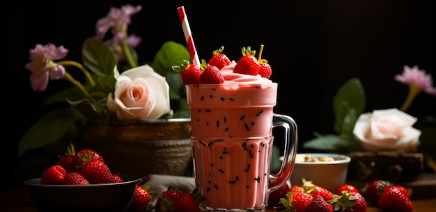 Une boisson rose rafraîchissante avec des fraises fraîches sur une table joliment dressée Une boisson rose avec des fraises sur une table