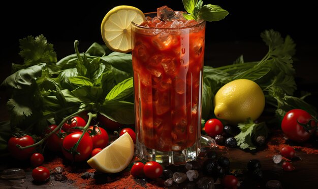 Boisson de tomate avec de la glace dans un verre sur la table Focus doux sélectif