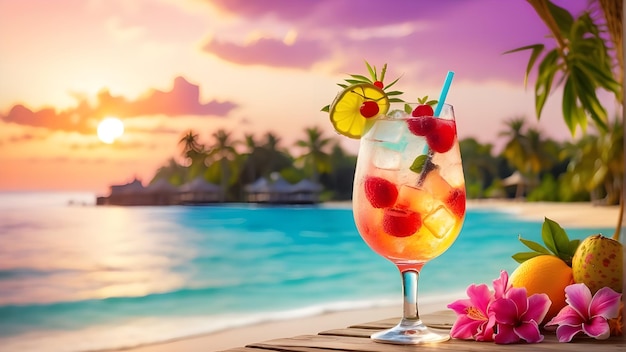 Photo une boisson tropicale avec des fraises et une fleur tropicale sur la table