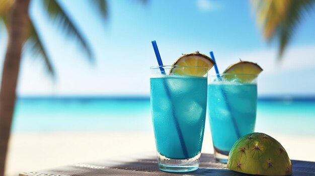 Une boisson tropicale avec des noix de coco et une paille bleue.