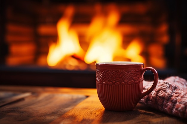 Photo boisson à la vapeur près de la cheminée chaleureuse atmosphère de chalet en tasse à gants