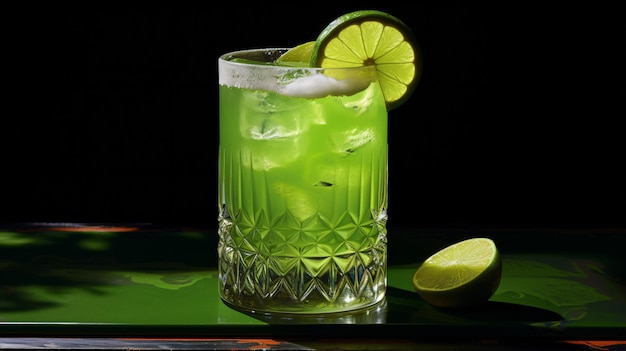 Une boisson verte avec une garniture au citron vert