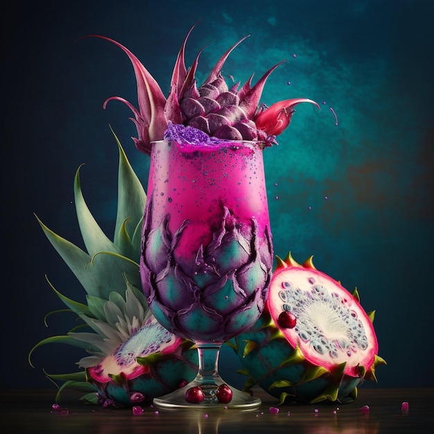 Une boisson violette avec un liquide violet et un ananas au fond.