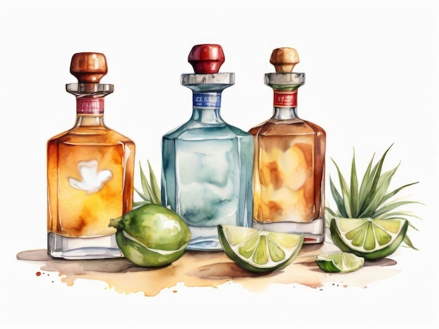 Boissons alcoolisées Tequila avec chaux et glace Illustration à l'aquarelle dessinée à la main