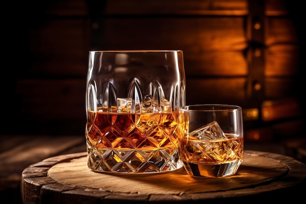 Boissons au whisky Vous devez boire du whisky avec de la glace, puis le whisky a meilleur goût d'un fût de chêne Boisson alcoolisée avec du whisky glacé ou du cognac en gros plan sur le fond d'un fût de chêne pour le vieillissement