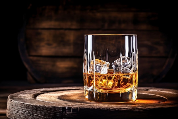 Boissons au whisky Vous devez boire du whisky avec de la glace, puis le whisky a meilleur goût d'un fût de chêne Boisson alcoolisée avec du whisky glacé ou du cognac en gros plan sur le fond d'un fût de chêne pour le vieillissement