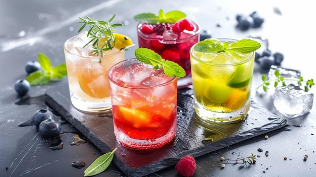 Boissons de cocktail fraîches avec des fruits glacés et une décoration à base d'herbes Generative Ai