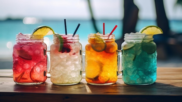 boissons colorées avec de la glace dans un verre sur un fond en bois