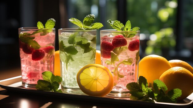 Photo les boissons d'été fraîches et colorées avec de la menthe et des fruits baisers de lumière du soleil