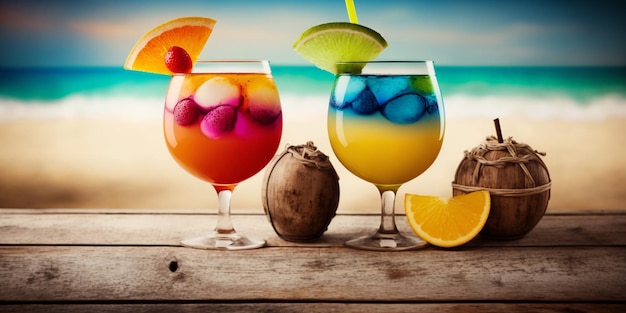 Boissons exotiques sur table en bois sur une plage tropicale