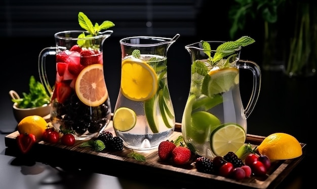 Boissons infusées aux fruits rafraîchissantes dans des carafes en verre sur la table