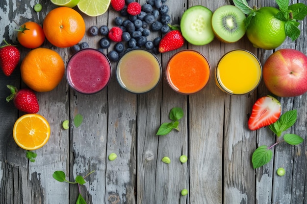 Des boissons saines à base de fruits et de légumes frais sur une table en bois rustique