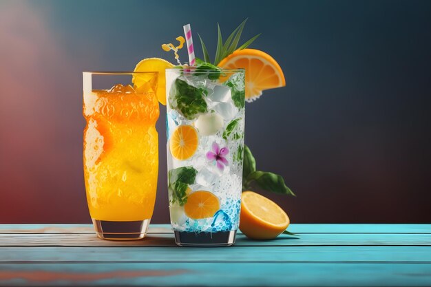 Boissons tropicales fraîches avec glace et fruits Generative AI