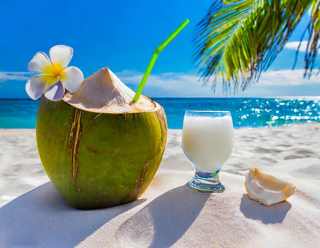 Photo boissons tropicales à la noix de coco en bord de plage simples blanches et lumineuses