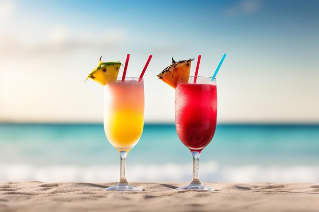 Boissons tropicales avec des parapluies sur le sable