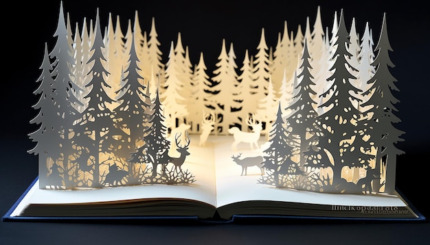 une boîte avec des arbres de Noël avec de la neige à l'intérieur du papier coupé en couches livre de diorama