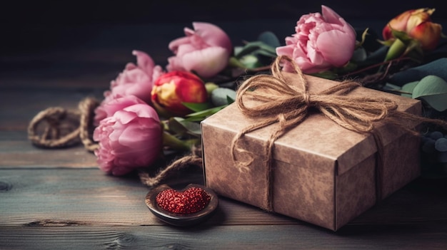 Une boîte avec un arc et des fleurs sur une table en bois