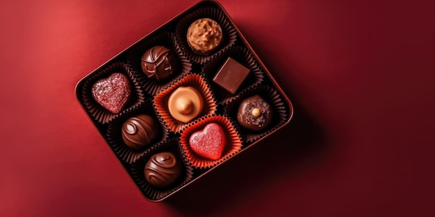 Boîte au chocolat sur fond rouge espace de copie Valentine au chocolat