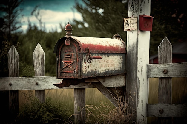 Boîte aux lettres à l'ancienne avec drapeau rouge et bras métallique sur une clôture en bois créée avec une IA générative