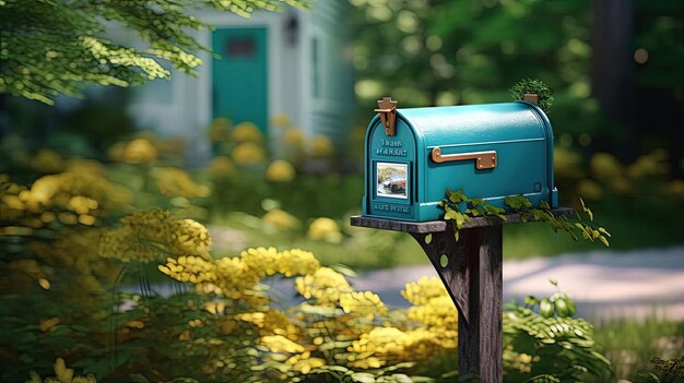 une boîte aux lettres bleue dans un quartier résidentiel dans le style de teal clair et marron