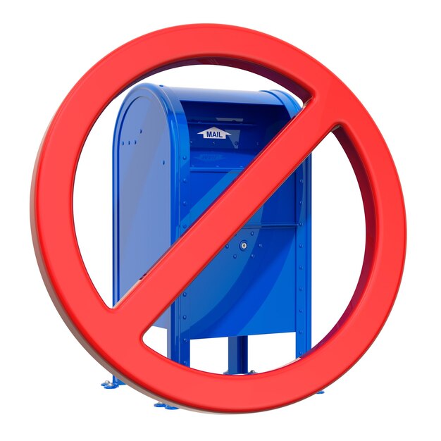 Boîte aux lettres bleue à l'intérieur du signe rouge interdit rendu 3D
