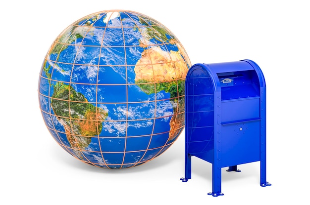 Boîte aux lettres de collecte avec Earth Globe International Postal Service concept rendu 3D