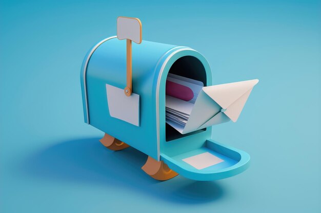 Boîte aux lettres créative pour smartphone avec courrier papier sur fond bleu AI Generation