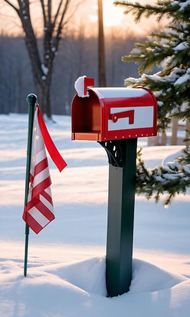 Photo une boîte aux lettres de noël et un drapeau dans la neige sous la douce lumière du soir