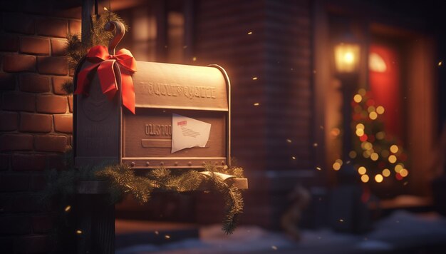 Photo boîte aux lettres de noël sur le fond des décorations de noël des arbres et des lumières dans la neige