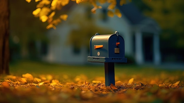 une boîte aux lettres près d'une pelouse dans le style de l'indigo foncé et de l'ambre