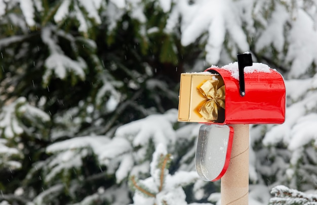 Boîte aux lettres rouge avec boîte-cadeau à l'intérieur dans la neige près de pin