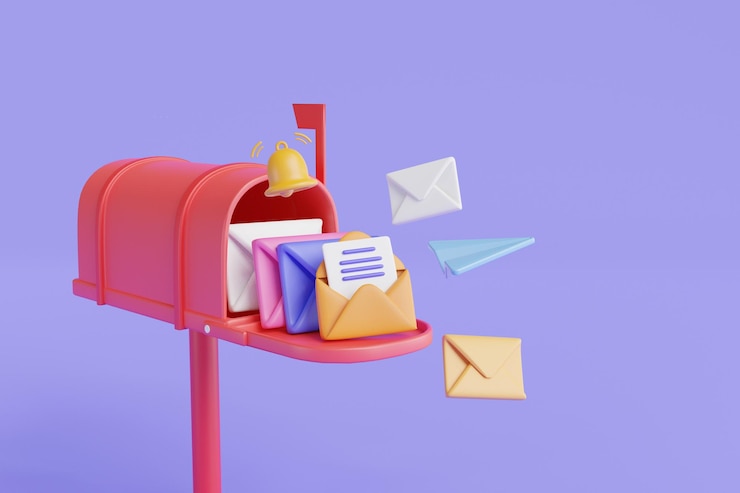 Photo boîte aux lettres rouge avec enveloppe de courrier et notification bureau de poste de livraison du courrier message envoyé par courrier courrier entrant message d'avion en papier icône de courrier newsletter illustration de rendu 3d de dessin animé minimal