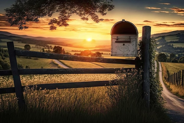 Boîte aux lettres avec vue sur le coucher du soleil entourée par la nature créée avec ai générative