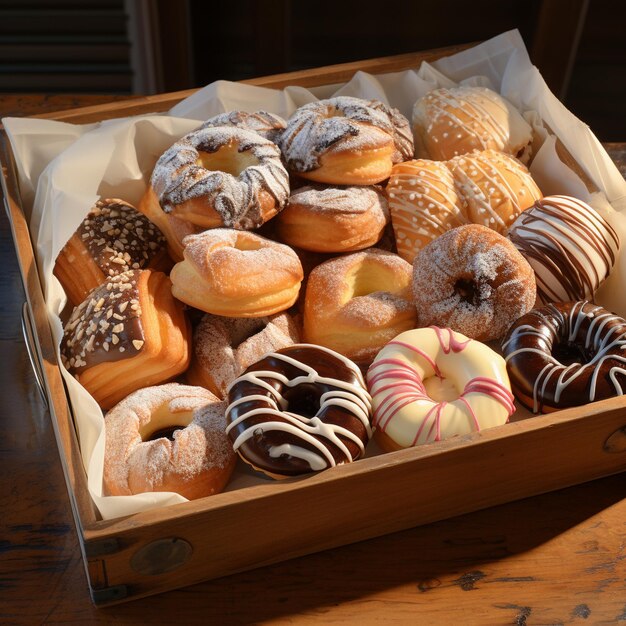 une boîte de beignets avec un qui a le mot beignets sur elle