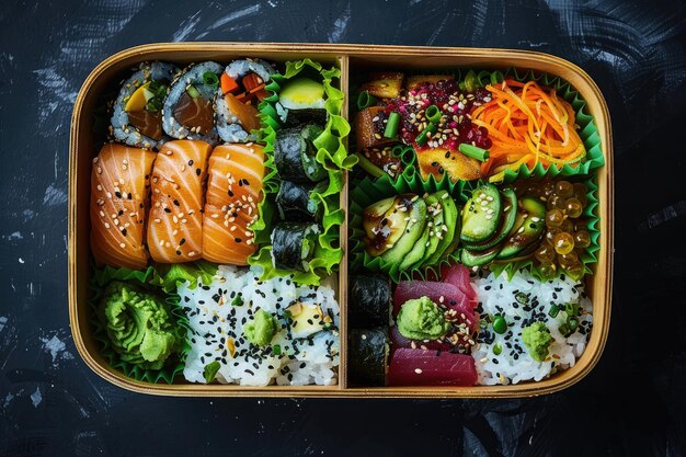 Boîte de bento en bois avec des sushis et des sashimis variés