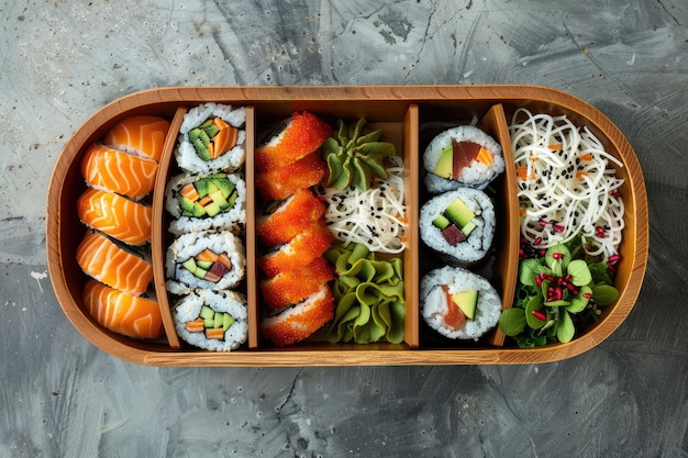 Boîte de bento en bois avec des sushis et des sashimis variés