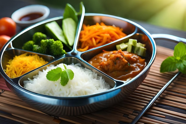 Une boîte à bento avec différents aliments dont du brocoli, du riz et du riz.