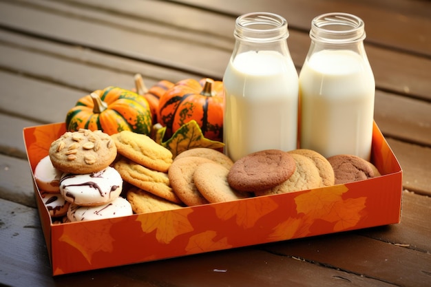 Boîte de biscuits d'automne avec bouteilles de lait, assortiment de biscuits au beurre d'arachide et à l'avoine de saison pour les fêtes