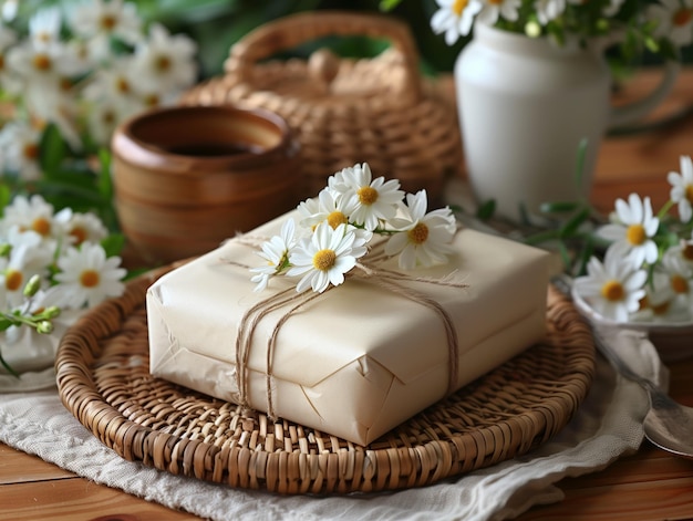 Une boîte blanche avec un ruban brun est assise sur une table en bois.