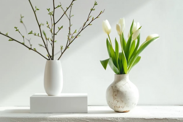 Boîte blanche vide et tulipes blanches dans un vase sur un fond clair Mockup bannière podium pour l'affichage