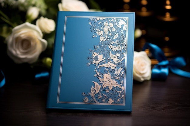 Photo une boîte bleue avec une fleur blanche dessus