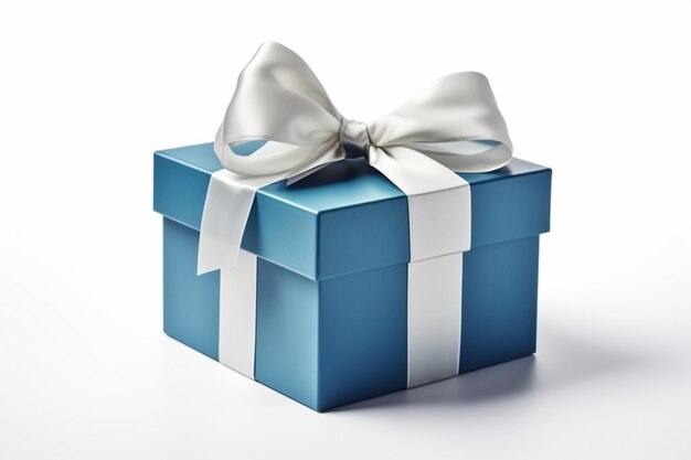 Boîte bleue ouverte ornée d'un gracieux noeud blanc se détachant sur du blanc