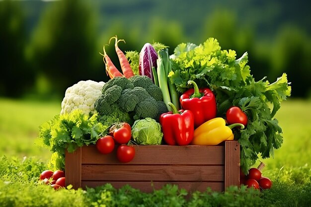 Une boîte en bois abondante remplie d'un assortiment coloré de légumes fraîchement cueillis un jour ensoleillé