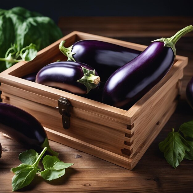 une boîte en bois d'aubergine est sur une table