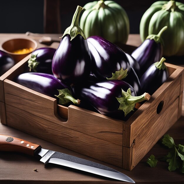 une boîte en bois d'aubergine est sur une table