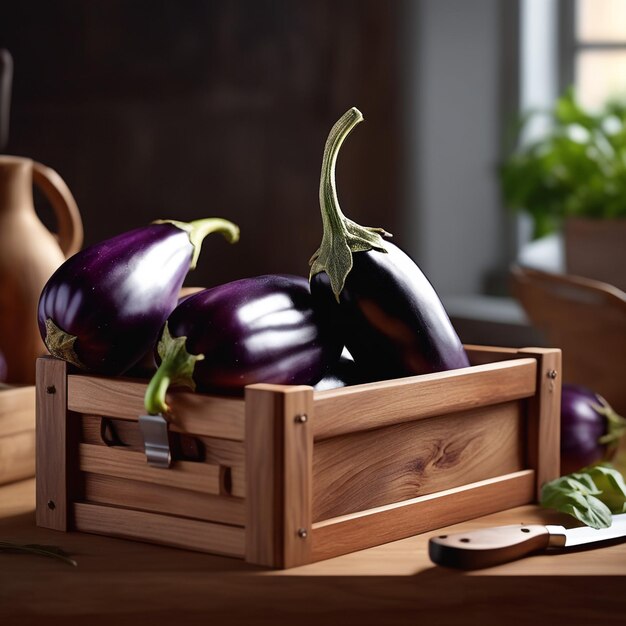 une boîte en bois d'aubergine est sur une table