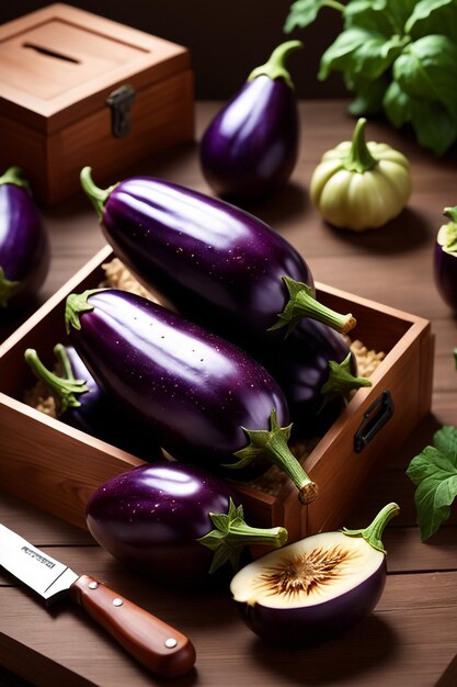 une boîte en bois d'aubergine est sur une table