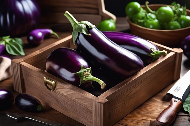 une boîte en bois d'aubergine est sur une table